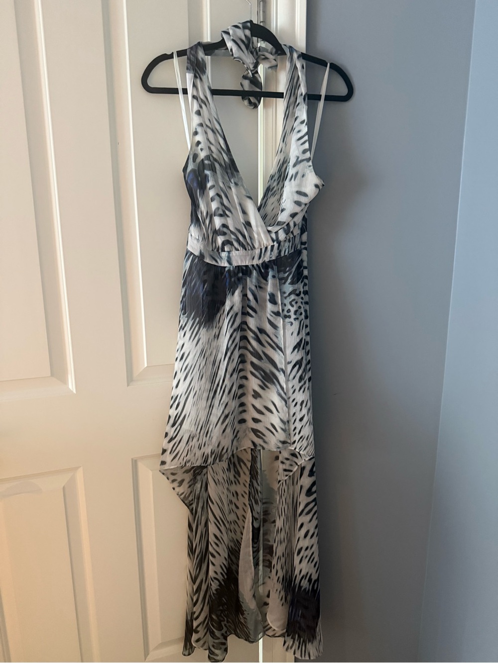 bebe Black & White Animal-Print High-Low Halter Dress